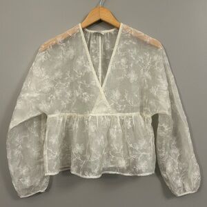 Aritzia Wilfred White Sheer Floral Embroidered Peplum Blouse Size Small